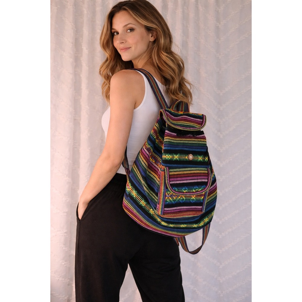 Handmade Rainbow Striped Woven Boho Backpack Drawstring Festival Bag Multi Color